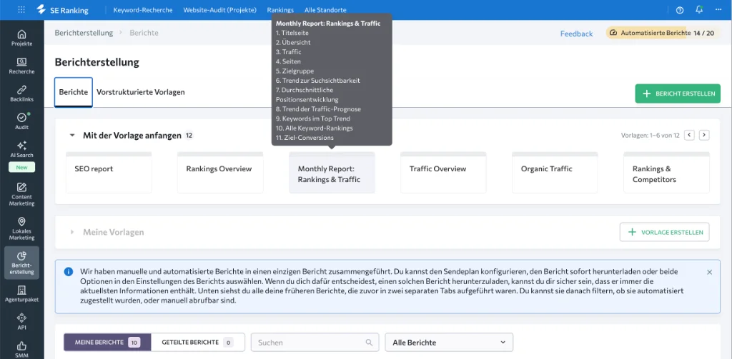 Echter Praxiseinblick in SE Ranking: Automatisierte Berichterstellung mit Monatsreports für Rankings & Traffic sowie 14 aktiven Automatisierungs-Slots