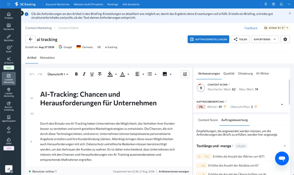 Echter Praxiseinblick in SE Ranking: Der Content Editor mit Live-Content-Score (Durchschnitt 62 / Max 74), Auftragsbewertung und KI-Texterstellung für das Thema „AI-Tracking“