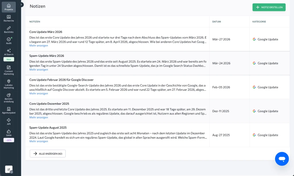 SE Ranking Google Update Notizen: Chronologische Dokumentation von Core- und Spam-Updates direkt im Rank-Tracking-System