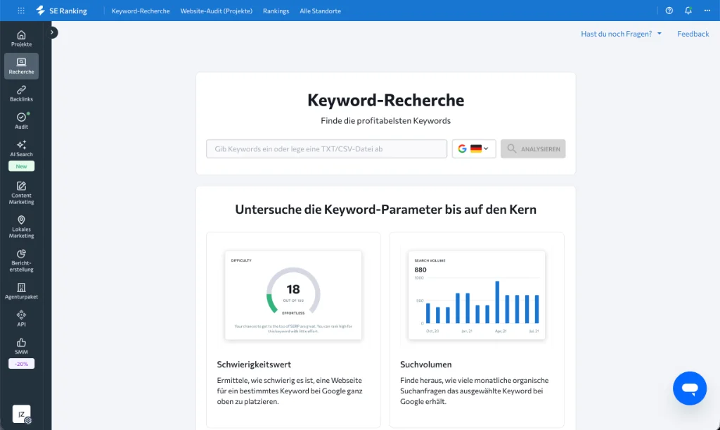 Echter Praxiseinblick in SE Ranking: Keyword-Recherche für den deutschen Google-Index mit Difficulty-Score (18/100 Effortless) und monatlichem Suchvolumen