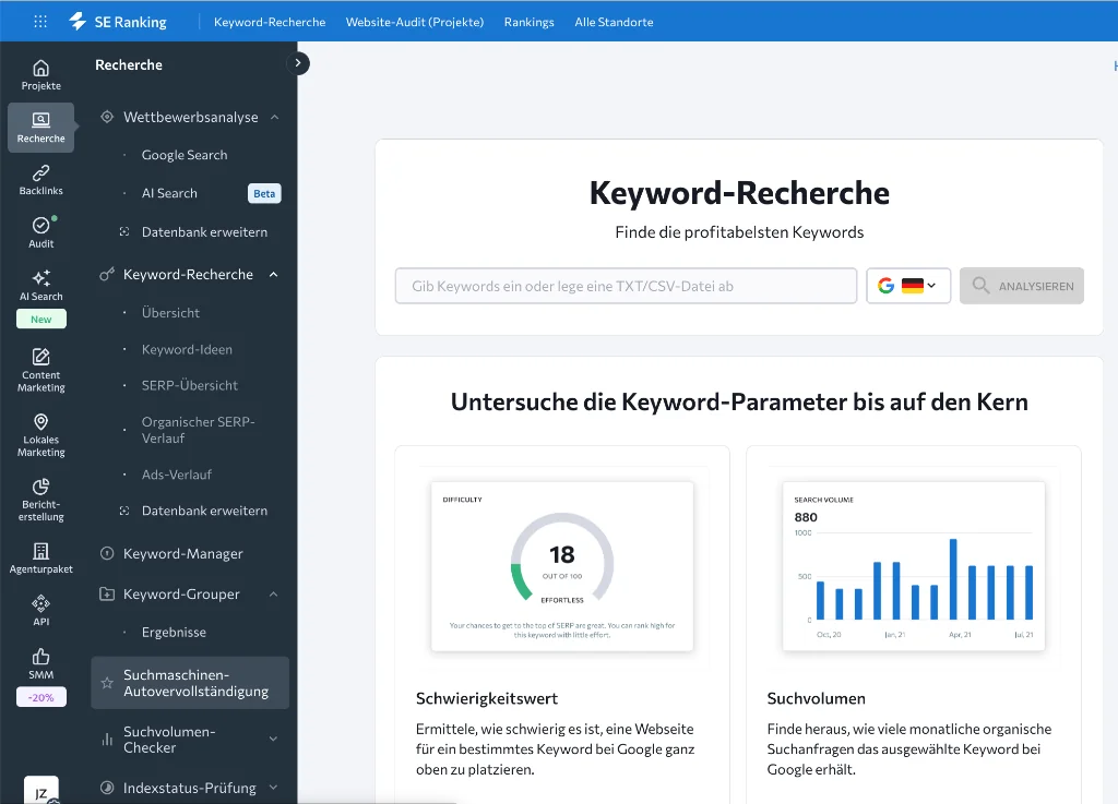 Echter Praxiseinblick in SE Ranking: Recherche-Tools mit Keyword-Grouper für SERP-Clustering, Suchvolumen-Checker und Autovervollständigung
