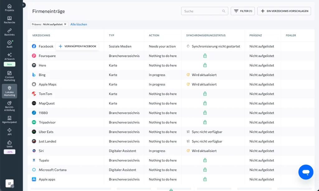 SE Ranking Local Marketing: Zentraler Synchronisierungs-Status von Firmeneinträgen und Citations in Apple Maps, Bing, Facebook und Siri