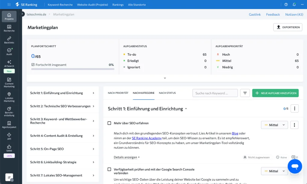 SE Ranking Marketingplan für Agenturen: 65 strukturierte Aufgaben von technischem SEO bis Local SEO & Linkbuilding