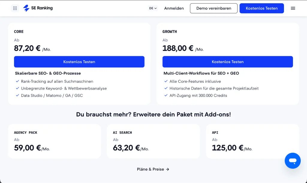 Offizielle SE Ranking Preise 2026: Core ab 87,20 €/Mo., Growth ab 188,00 €/Mo. und Add-ons für Agency Pack, AI Search & API