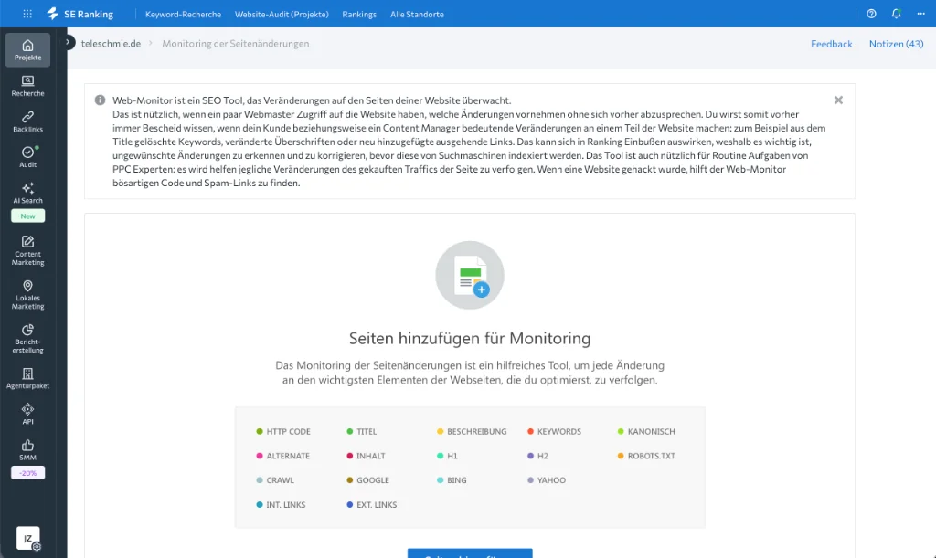 Echter Praxiseinblick in SE Ranking: Der Seitenänderungs-Monitor (Web-Monitor) überwacht HTTP-Codes, Titles, H1/H2, Canonicals und Linkänderungen