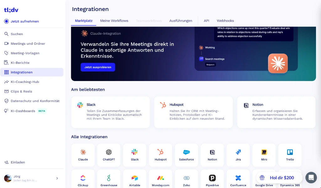 tl;dv Integrationen: Nahtlose Workflows mit Claude, ChatGPT, HubSpot, Notion und über 1.000 weiteren Tools