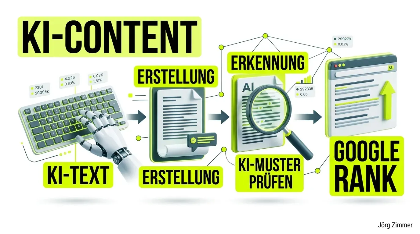 KI-Content Infografik: Ein Roboter tippt einen Text und eine Lupe sucht nach KI-Mustern