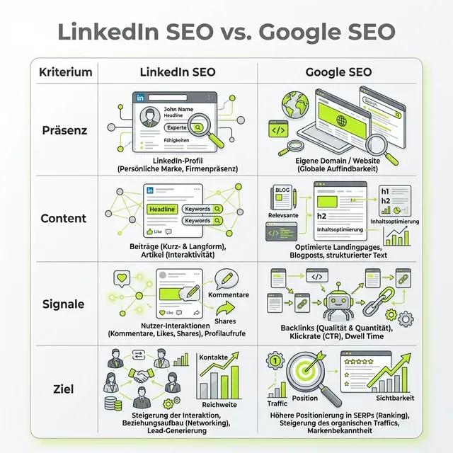 Vergleichstabelle: LinkedIn SEO vs. Google SEO