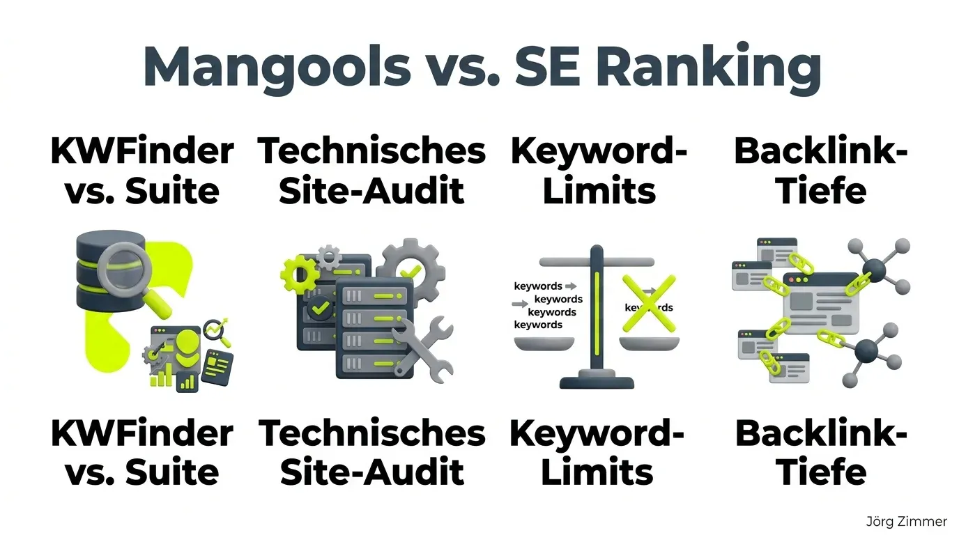 3D Infografik: Mangools KWFinder vs SE Ranking All-in-One Suite im Vergleich