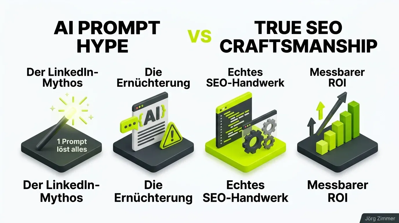 Prompt-Hype vs Echtes SEO-Handwerk 3D-Infografik
