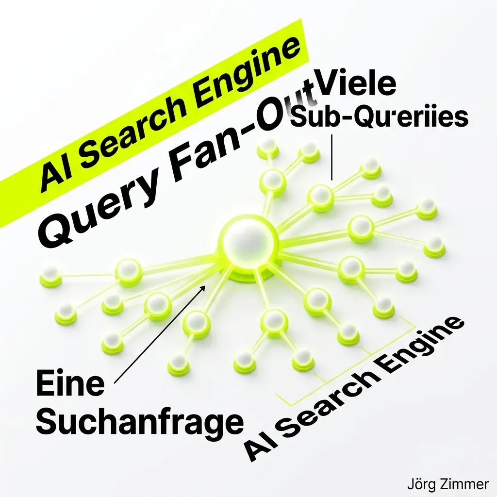 3D Infografik zum Thema Query Fan-Out mit leuchtendem KI-Knotenpunkt und vielen Sub-Queries
