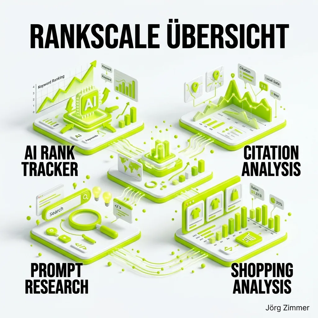 3D Infografik: Rankscale AI Search Analytics Plattform Übersicht