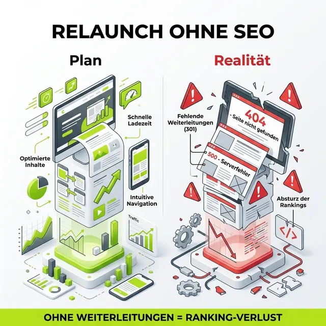 Infografik: Relaunch ohne SEO – Plan vs. Realität mit fehlenden Weiterleitungen