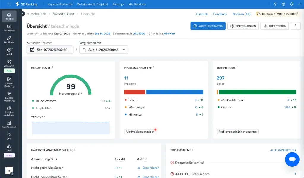 SE Ranking Website Audit Dashboard mit 99 Prozent Health Score auf teleschmie.de