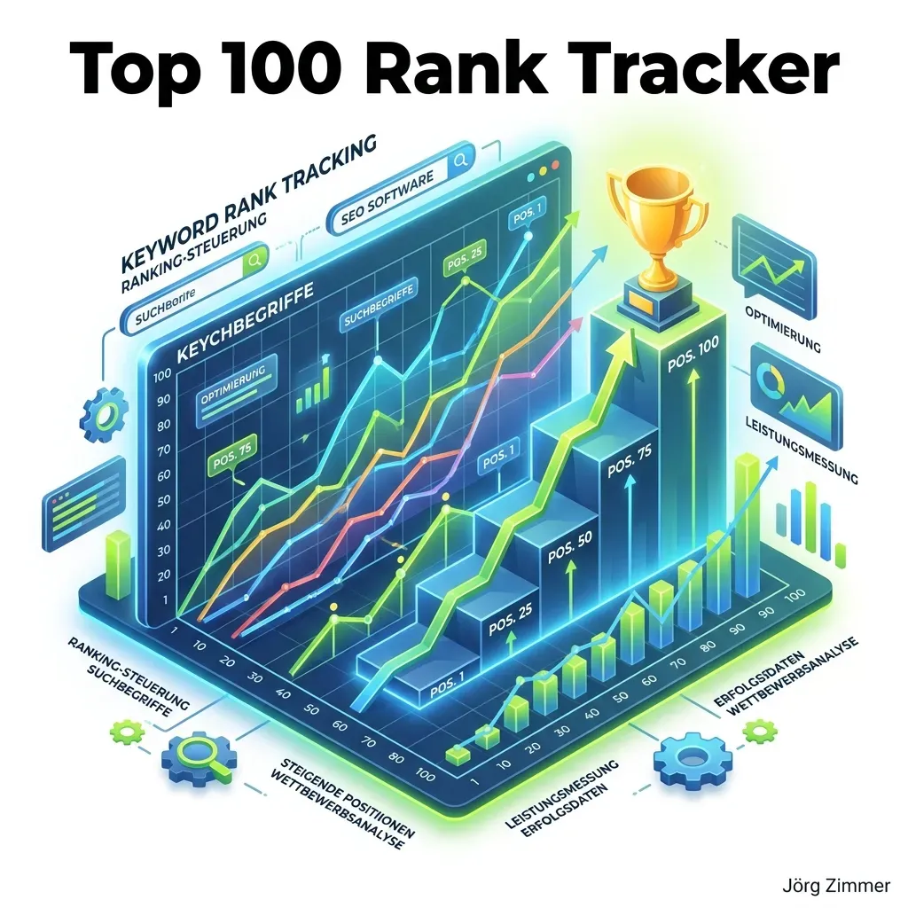 Infografik zum SE Ranking Keyword Rank Tracker mit Top 100 Analyse und goldenem Pokal