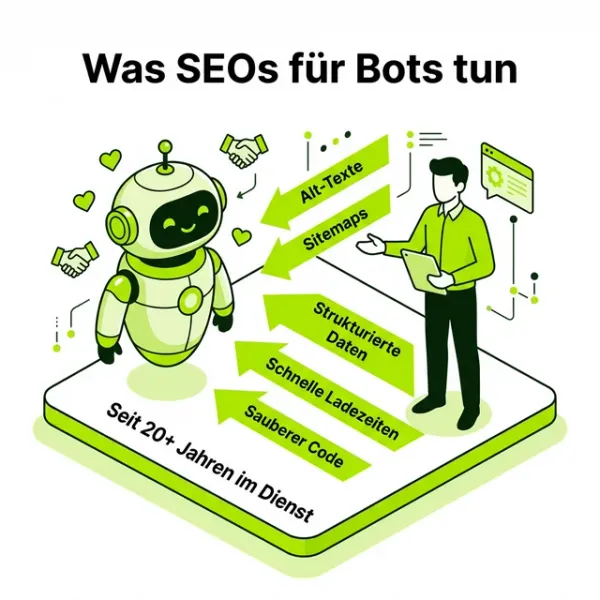 Infografik: Was SEO-Spezialisten für Bots tun – Alt-Texte, Sitemaps, strukturierte Daten