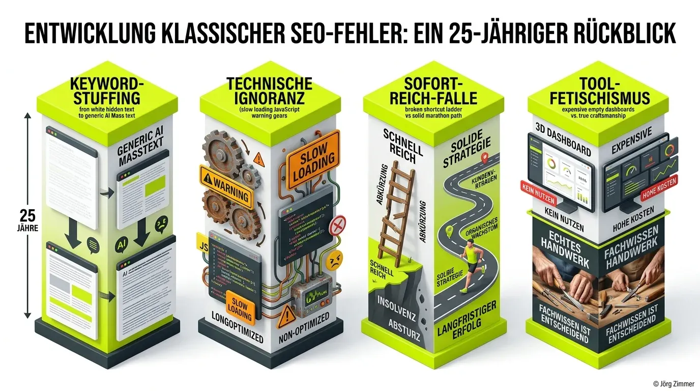 25 Jahre SEO Fehler im Wandel der Zeit 3D-Infografik