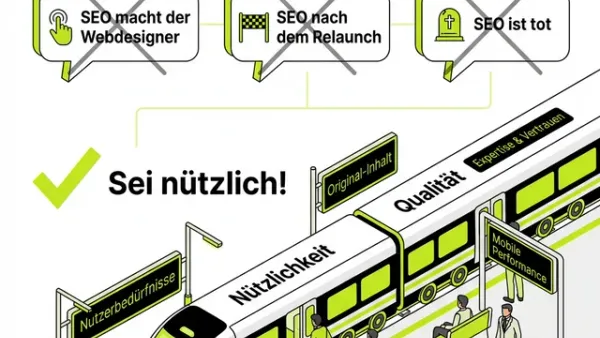 Infografik: SEO Missverständnisse 2026 – Die drei größten Mythen durchgestrichen