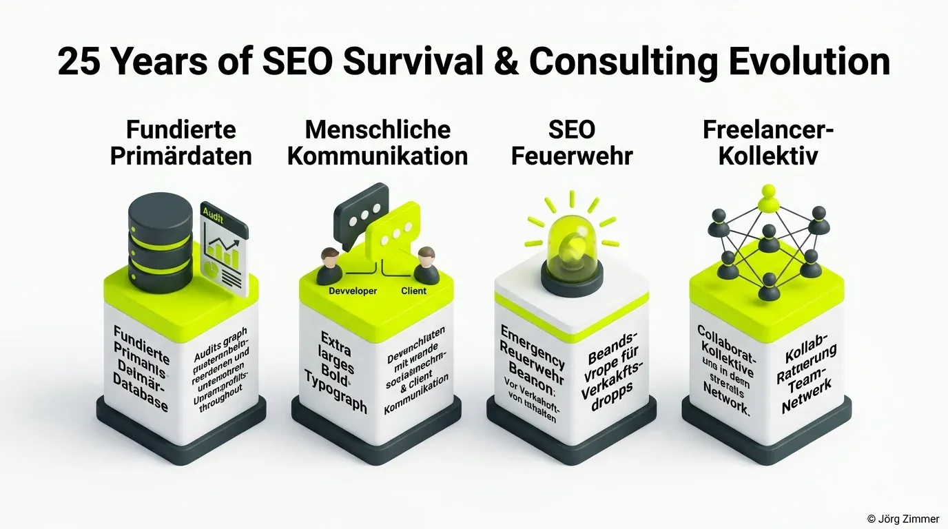 25 Jahre SEO Survival 4 Säulen 3D-Infografik