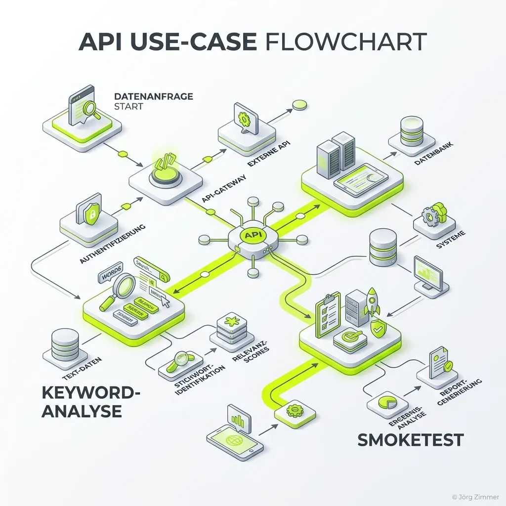 Vom Smoketest zur Keyword-Analyse — API-Flow Diagramm
