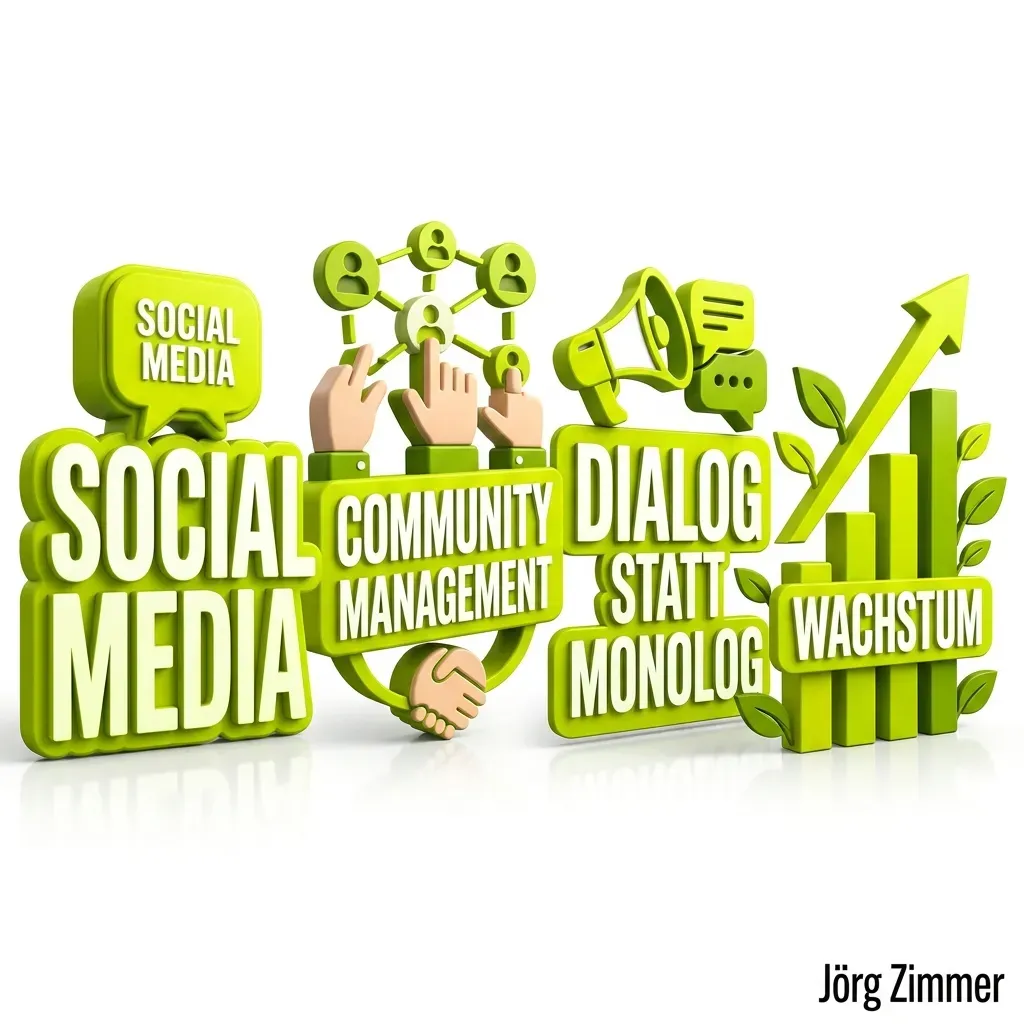 3D Infografik: Social Media Community Management, Dialog statt Monolog, Wachstum