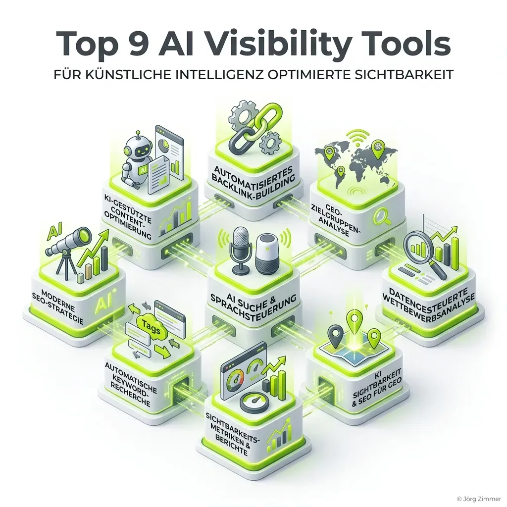 Top 9 AI Visibility Tools Übersicht - Isometrische 3D Grafik