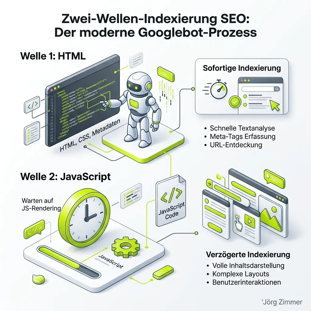 3D Infografik zum Thema Two-Wave Indexing mit HTML und JavaScript Verarbeitung