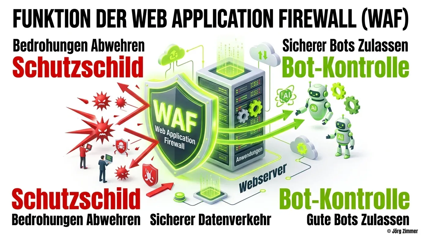 WAF Web Application Firewall Infografik: Ein Schutzschild wehrt rote Hacker ab und lässt grüne KI-Bots durch