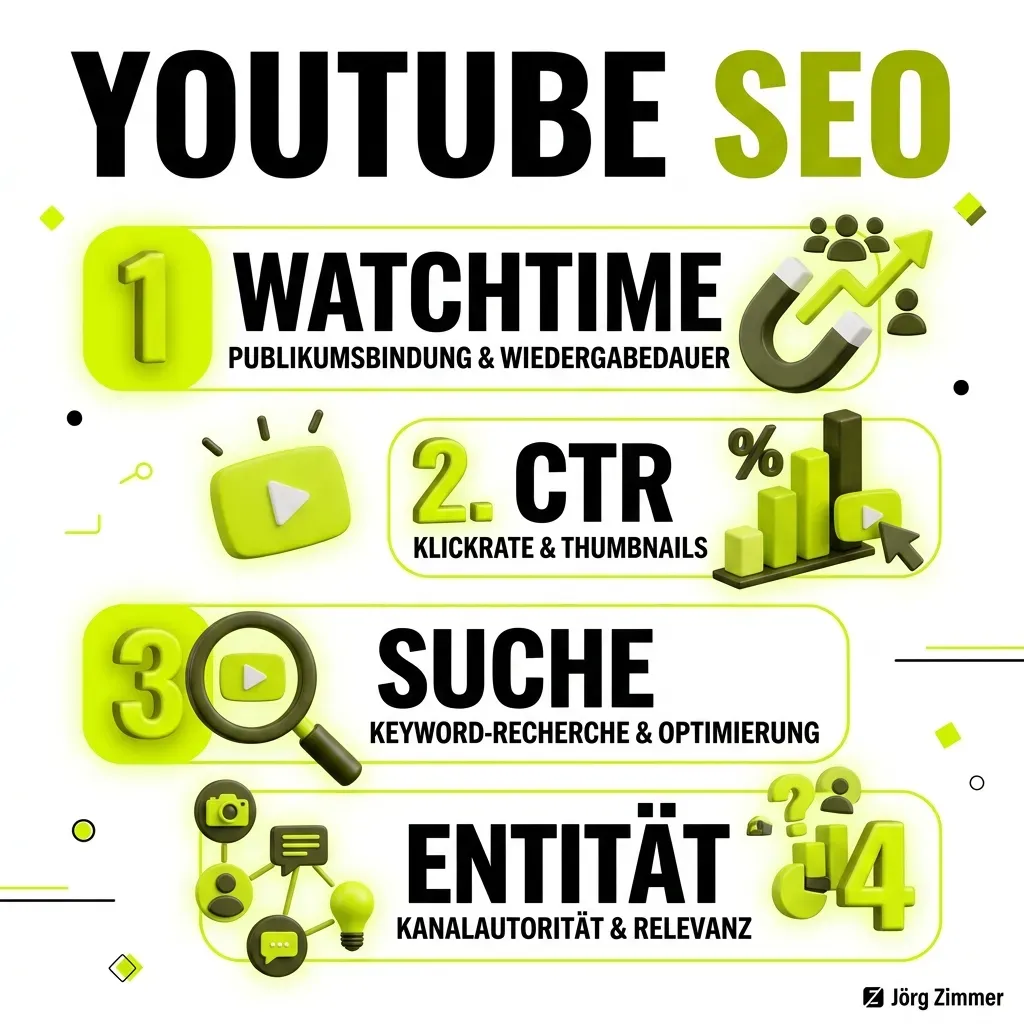 3D Infografik zu YouTube SEO, Watchtime, CTR und Entitäten